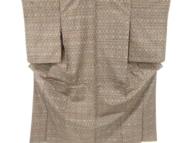 JAPANESE KIMONO / ANTIQUE KIMONO / SILK / TSUMUGI / WOVEN DIAGONAL GRID